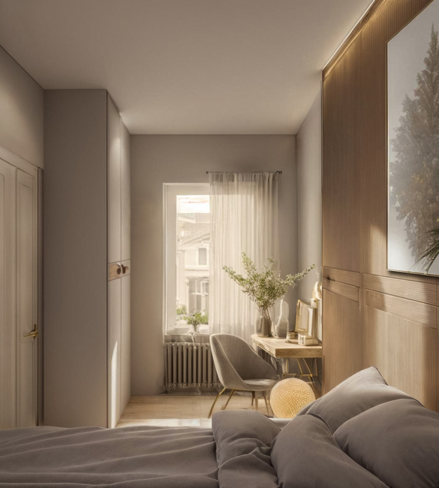Diseño de dormitorio contemporáneo pequeño con paredes beige, suelo de contrachapado y suelo beige