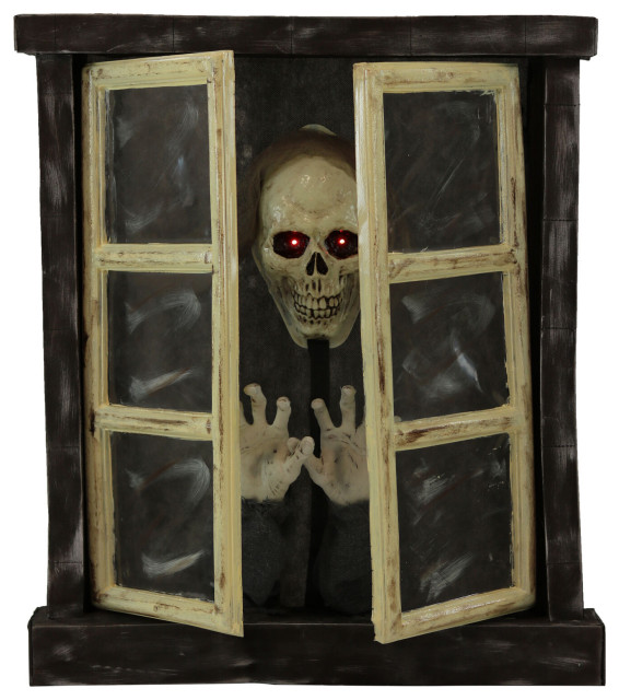 2.8' Animated Window With Skeleton, Indoor/Covered Outdoor Halloween Decor