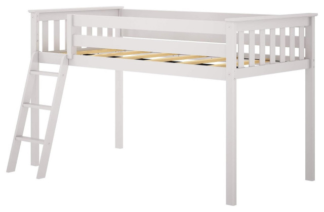 Twin Size Loft Bed, Pinewood Frame With Safety Guard Rails and Ladder, White