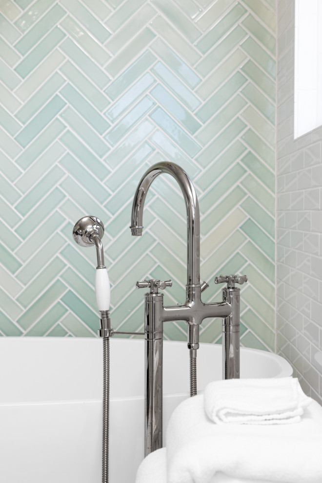 Example of a mid-sized beach style master green tile and ceramic tile porcelain tile, white floor and double-sink bathroom design in Other with recessed-panel cabinets, white cabinets, a one-piece toilet, white walls, a drop-in sink, marble countertops, white countertops and a built-in vanity
