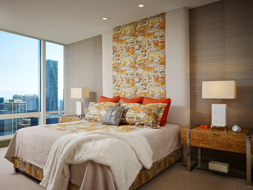 Design ideas for a large modern master bedroom in Chicago with carpet, multi-coloured walls and no fireplace.