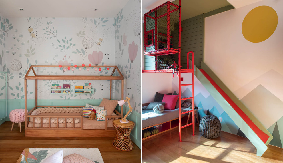 Idéer för mellanstora funkis barnrum kombinerat med sovrum, med ljust trägolv