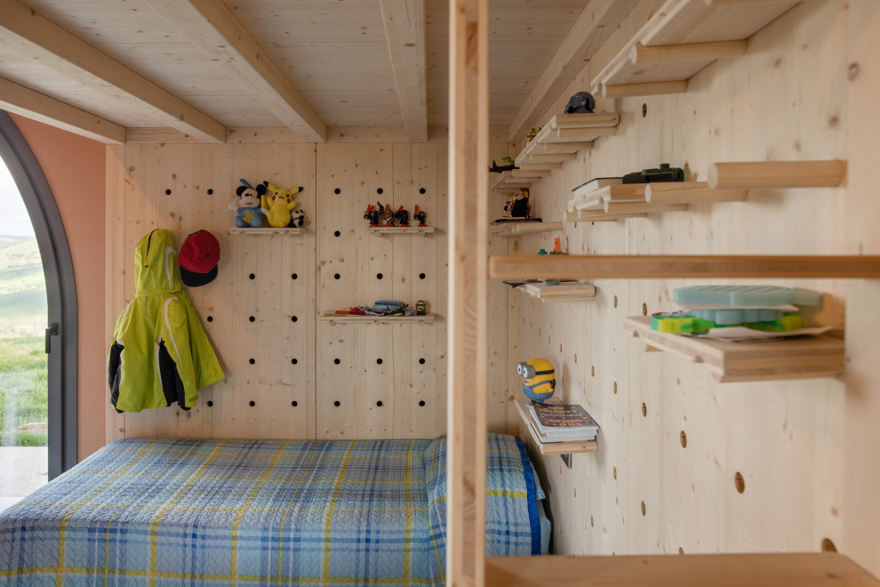 Пример оригинального дизайна: нейтральная детская среднего размера в скандинавском стиле с спальным местом, полом из керамогранита и бежевым полом