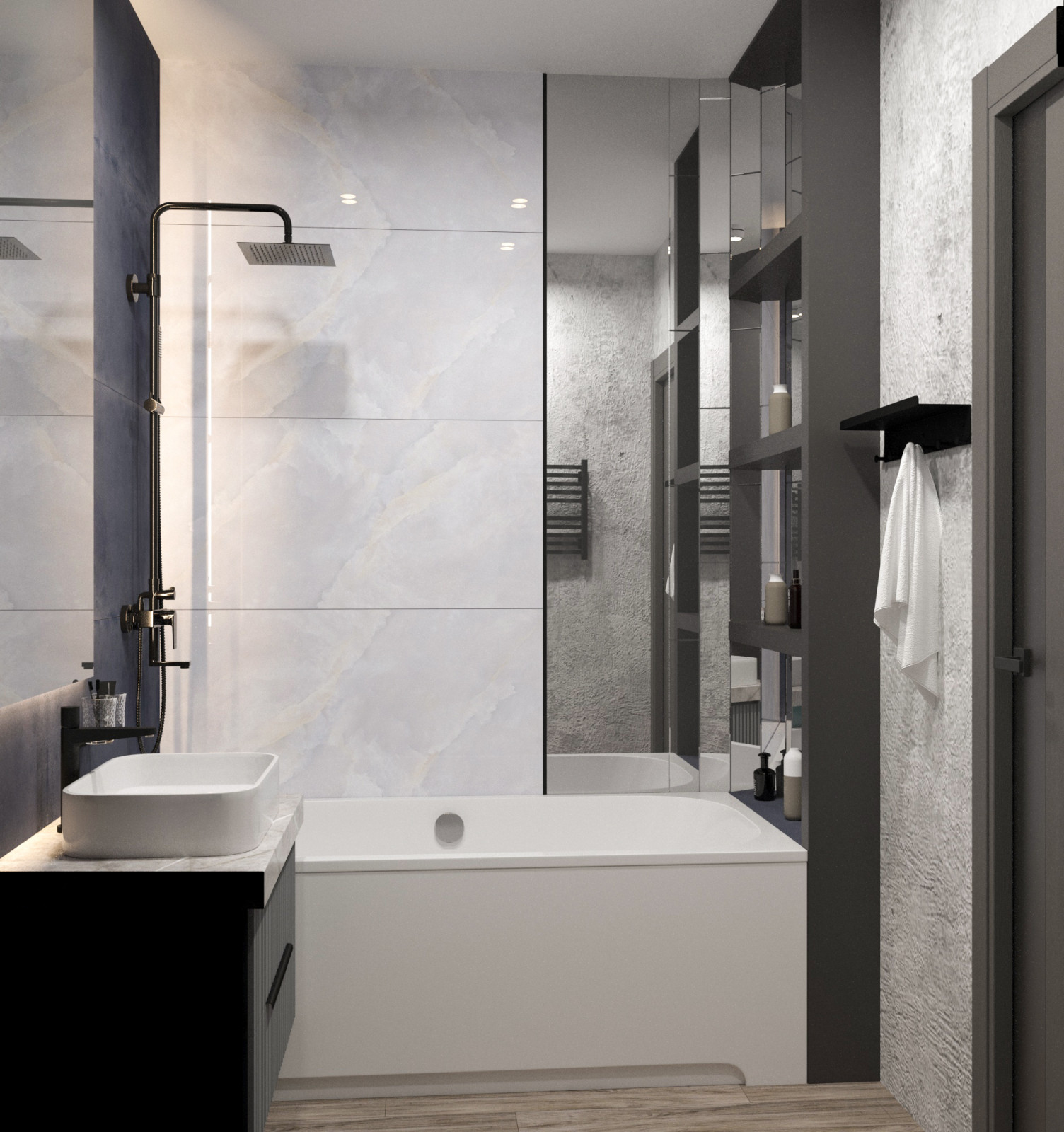 Просторная квартира в синими стенами