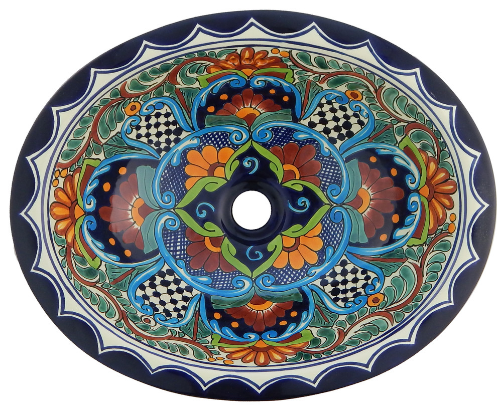 Mexican Talavera Ceramic Hand Painted Bathroom Oval Sink Contemporary