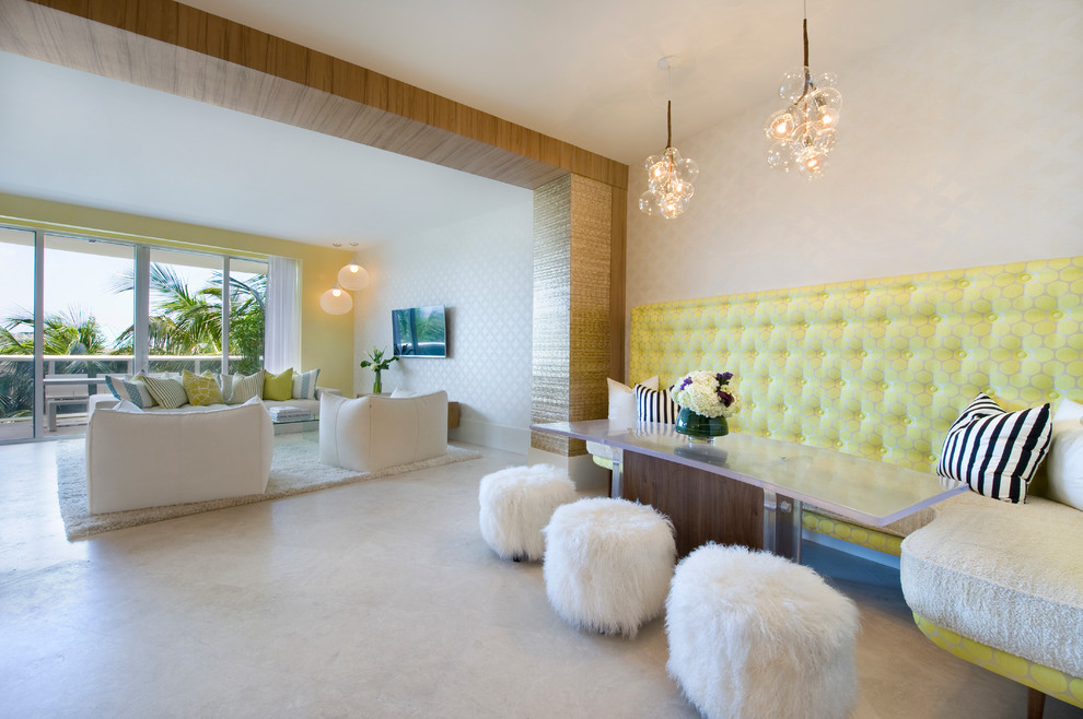 Design ideas for a contemporary open plan dining in Miami with beige walls and no fireplace.