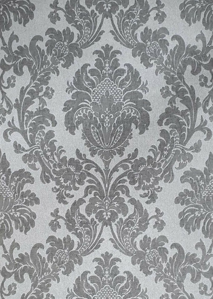 Gray textured victorian damask faux fabric Wallpaper, 21 Inc X 33 Ft Roll