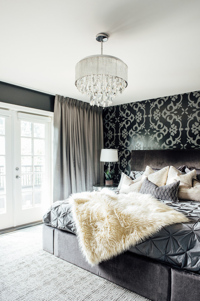 Photo of a transitional bedroom in Vancouver with black walls, carpet and grey floor.