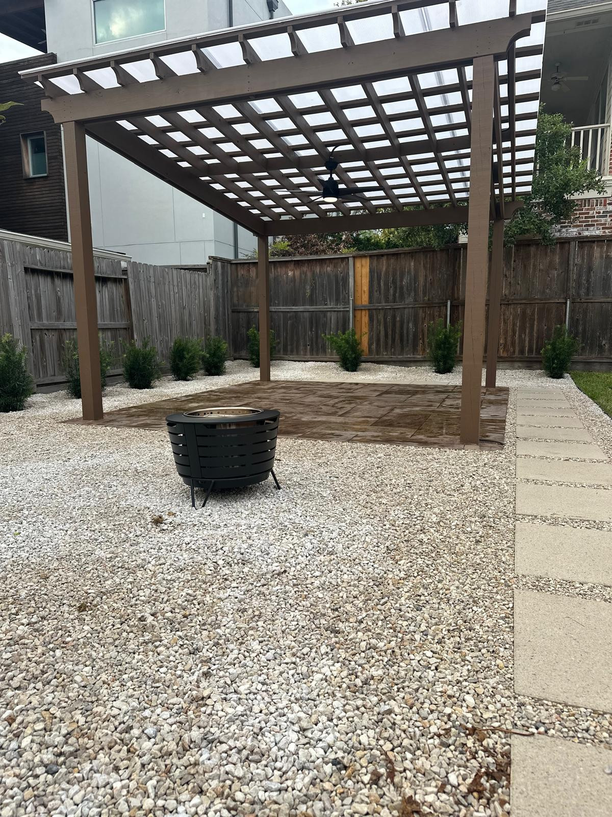 Beautiful stamped concrete patio with Pergola Cover on Haddon st!