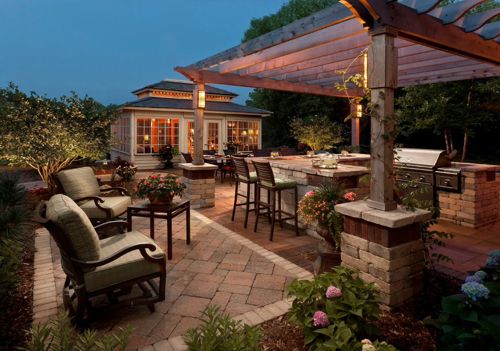 Design ideas for a traditional patio in Milwaukee with brick pavers.