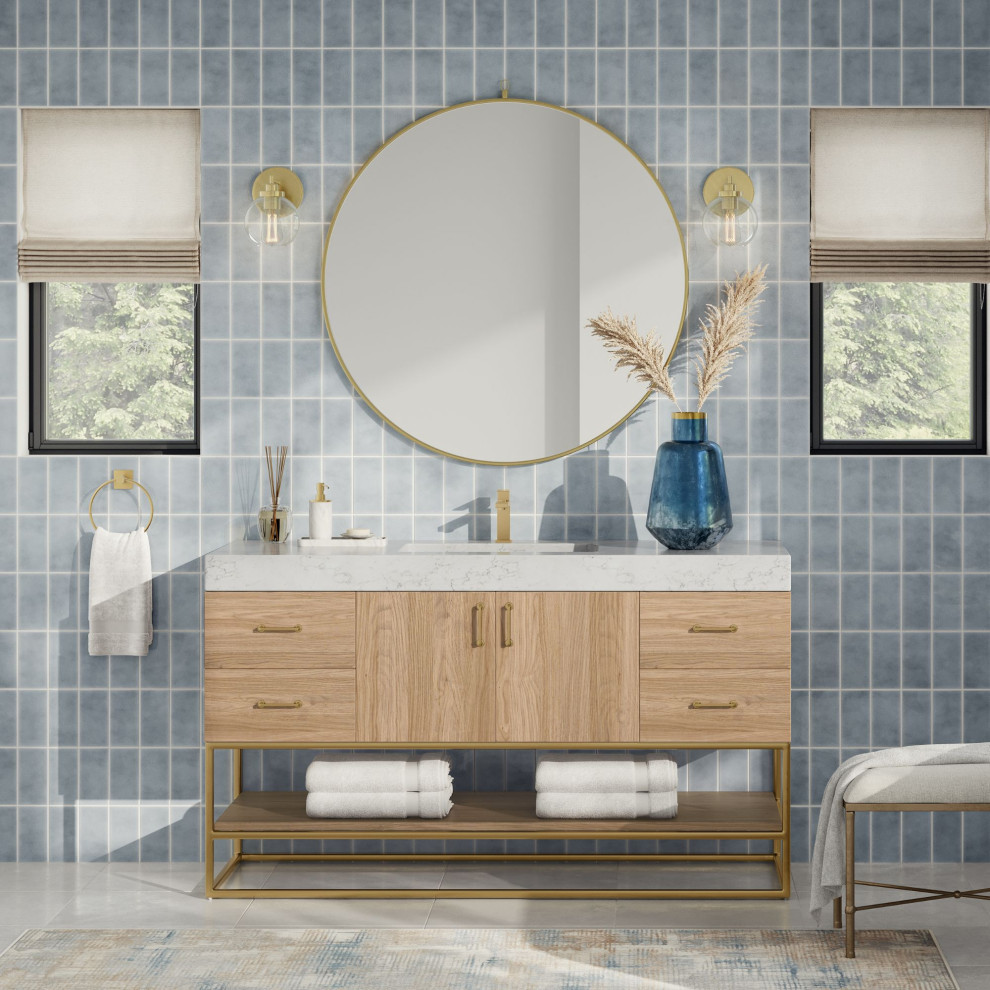 Bahia Bath Vanity, Oak, 60", Brushed Gold Hardware, Single
