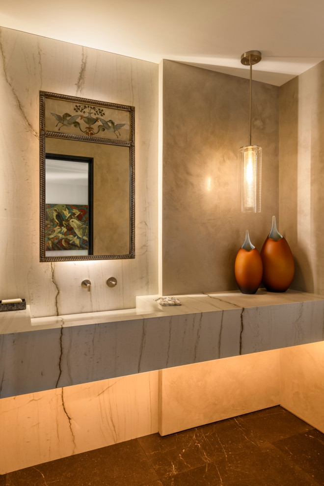 Mittelgroße Moderne Gästetoilette mit Porzellan-Bodenfliesen, Mineralwerkstoff-Waschtisch und schwebendem Waschtisch in Seattle