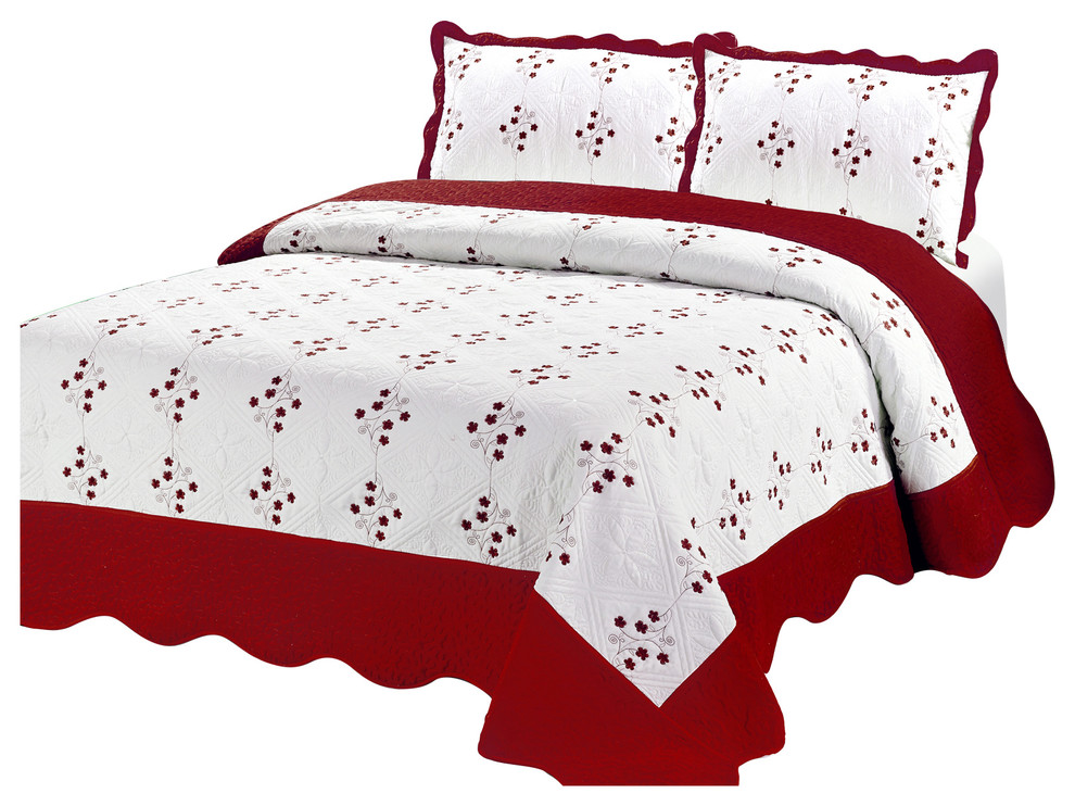 Reversible Embroidery Quilt Set, Twin Contemporary Quilts And Quilt
