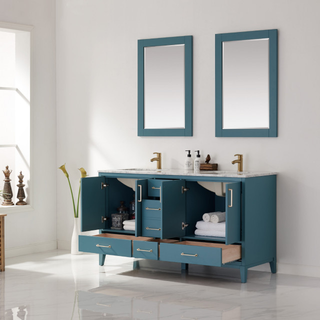 Sutton 60" Double Bathroom Vanity Set in Royal Green and Carrara White
