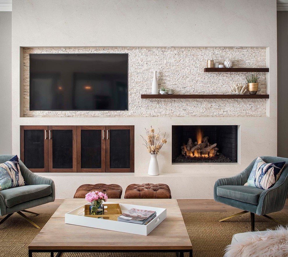 Design ideas for a transitional living room in San Diego with grey walls, dark hardwood floors, a standard fireplace, a wall-mounted tv and brown floor.