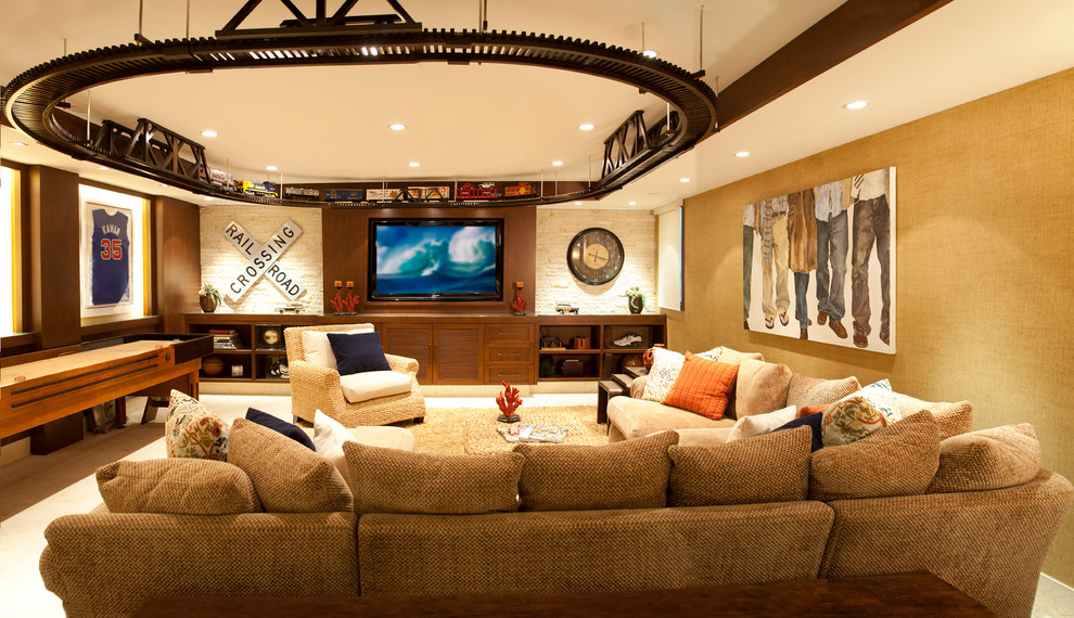 Photo of a traditional enclosed home theatre in Los Angeles with a built-in media wall.