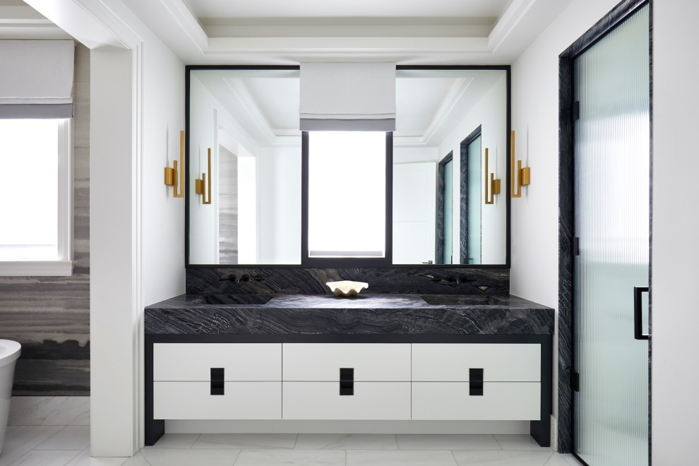 Large contemporary ensuite wet room bathroom in Toronto with white cabinets, a freestanding bath, white walls, an integrated sink, marble worktops, a hinged door, grey worktops, an enclosed toilet, a single sink, a built in vanity unit and wallpapered walls.