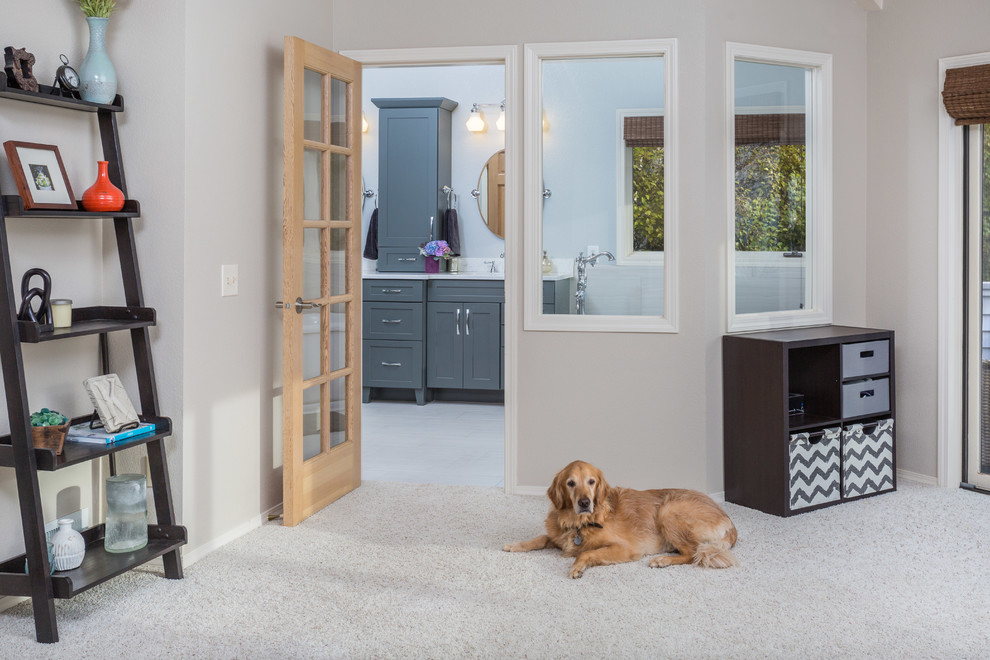 Mid-sized transitional master white tile and porcelain tile porcelain tile freestanding bathtub photo with an undermount sink, shaker cabinets, gray cabinets, quartz countertops, a one-piece toilet and gray walls
