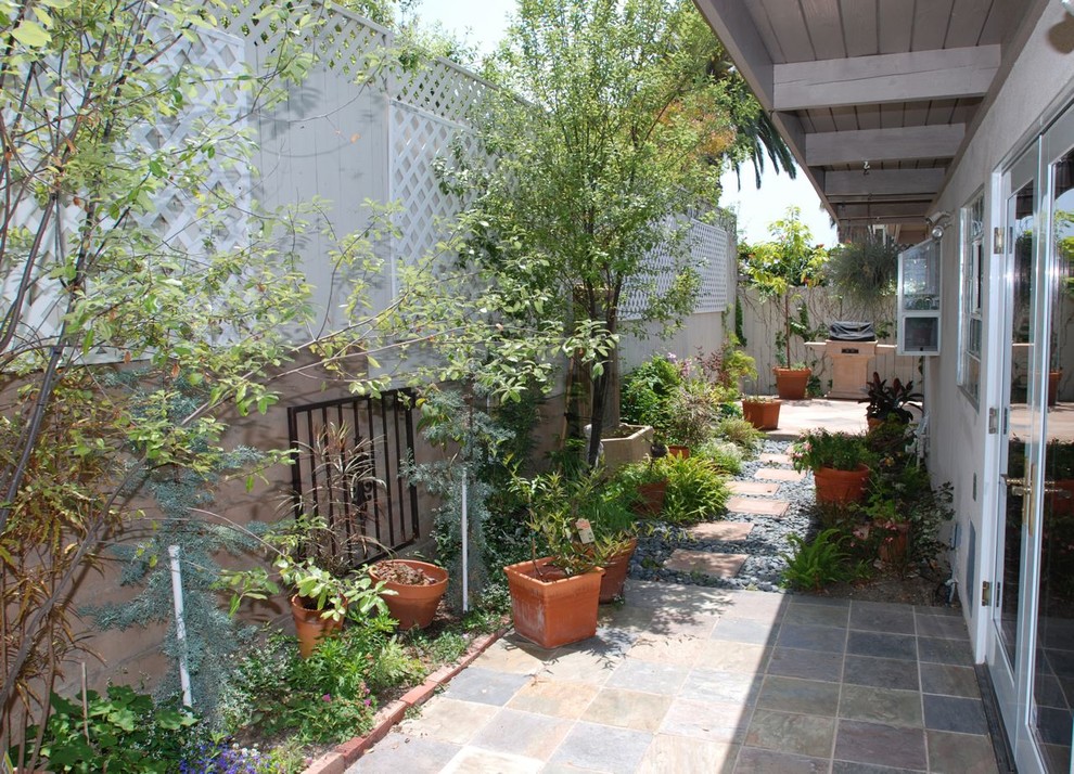 Small transitional courtyard patio in Orange County with a container garden, stamped concrete and a roof extension.