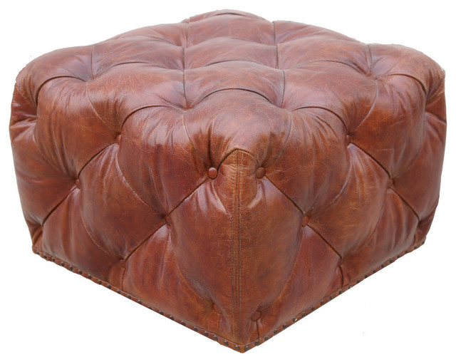 Pasargad Home Paris Club Genuine Leather Tufted Ottoman, Brown