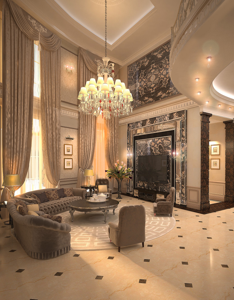 Idee per un grande soggiorno tradizionale stile loft con sala formale, pareti beige, pavimento in marmo, parete attrezzata, pavimento multicolore e soffitto ribassato