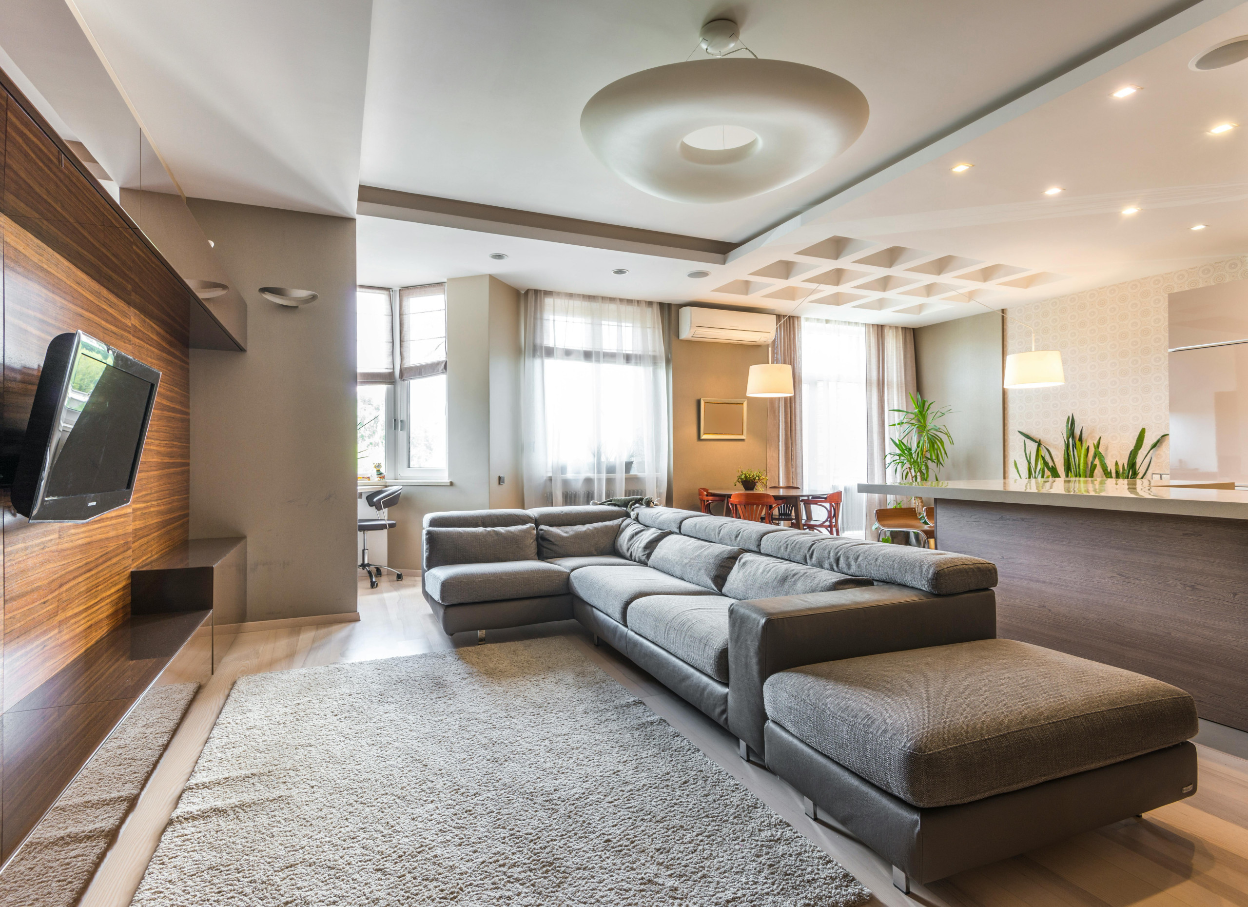 open concept basement with modern finishes