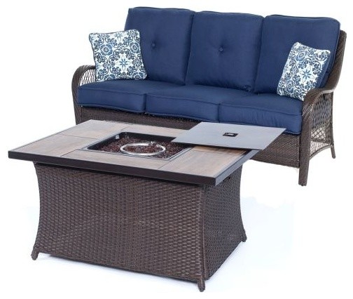 Orleans 2 Piece Woven Fire Pit Set Navy Blue Porcelain Tile Top