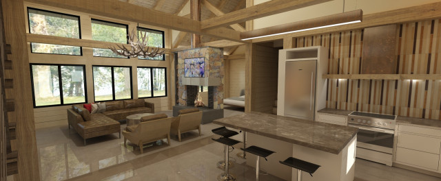 Timberframe + SIPs rustik-vardagsrum