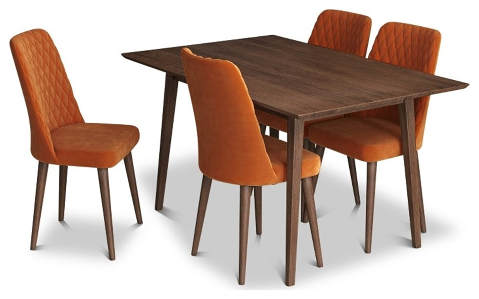 Alpen Modern Solid Wood Walnut Kitchen & Dining Room Table and 4 Chair Set Midcentury Dining