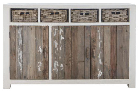 Atlantic Reclaimed Pine and Rattan 3-Door Sideboard, 4 Drawers