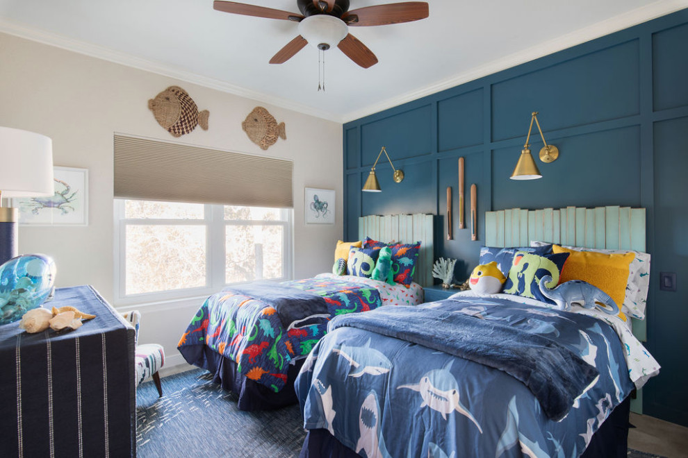 Barker Ridge Drive - Example of an eclectic boy vinyl floor and wall paneling childrens' room design in Austin with blue walls