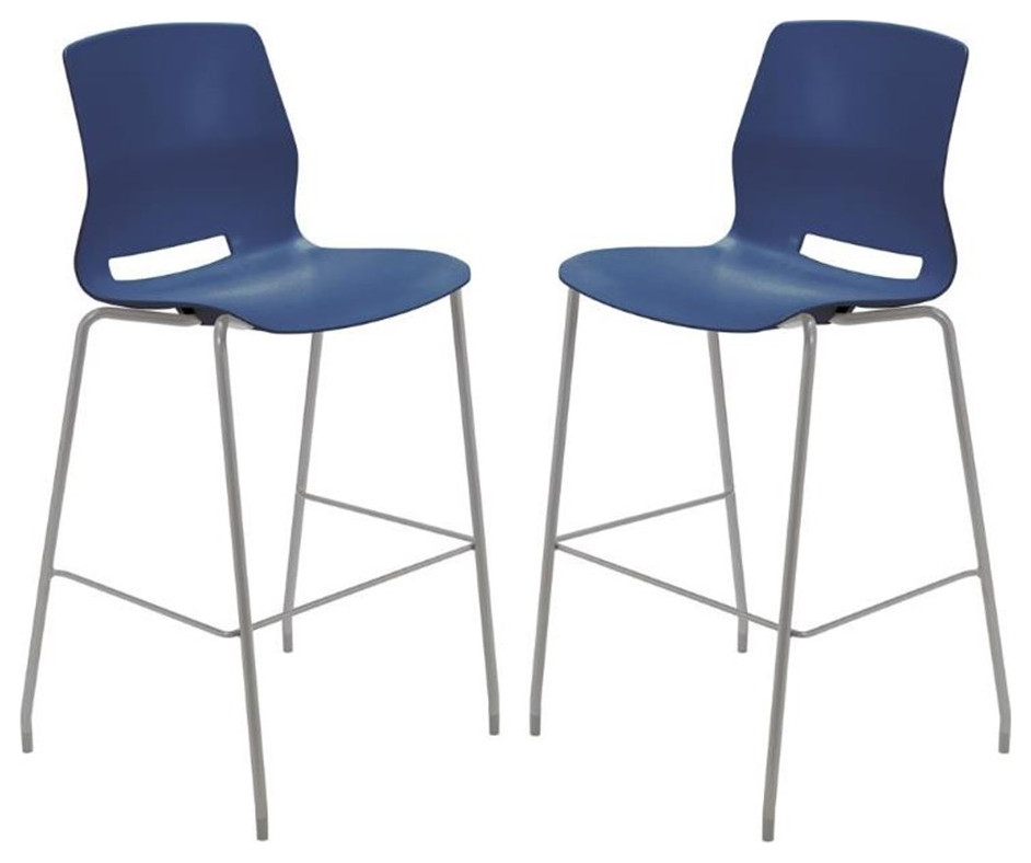 Home Square 30" Plastic Stackable Bar Stool in Navy Set of 2 Bar