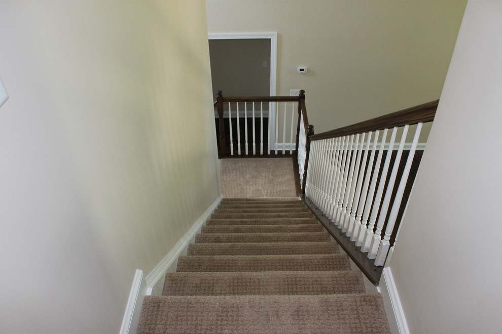 Design ideas for a mid-sized traditional carpeted l-shaped staircase in Other with carpet risers.