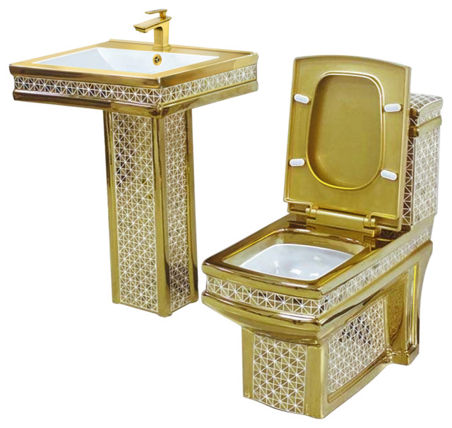 Decorative Gold Pedestal Sink, Toilet, and Faucet Set Contemporary