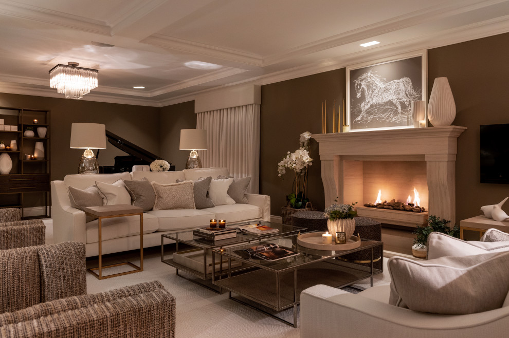 Inspiration for a large traditional formal enclosed living room in Surrey with carpet, a standard fireplace, a stone fireplace surround, a wall mounted tv, a coffered ceiling and feature lighting.