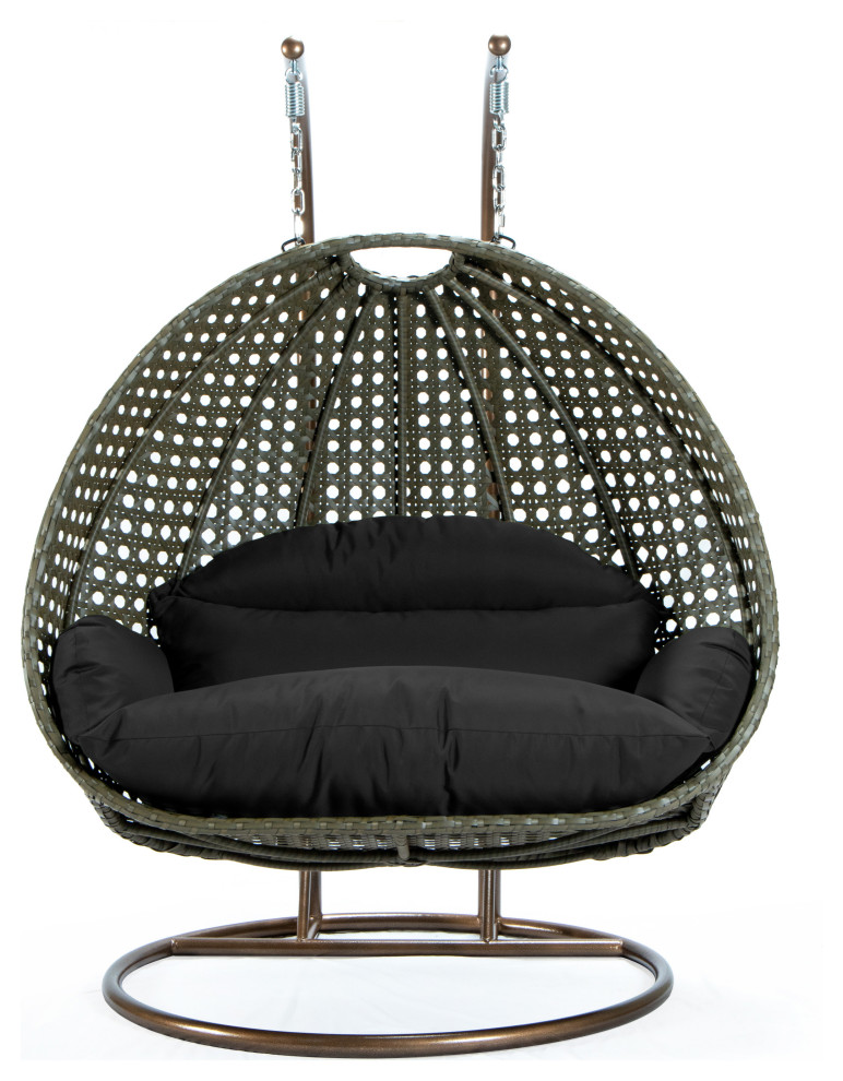 2 Person Beige Wicker Double Hanging Egg Swing Chair, Black