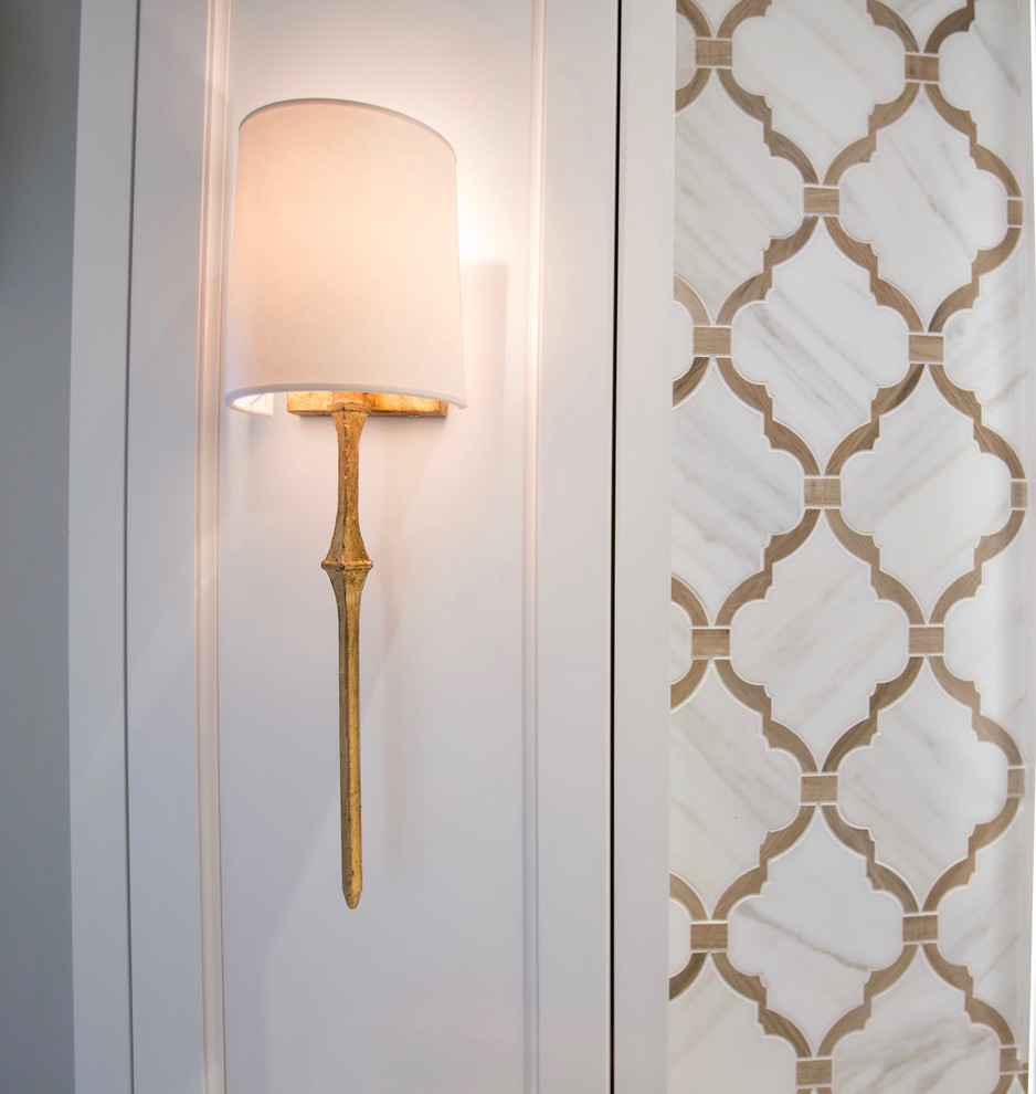 Home design - transitional master white tile and stone tile marble floor home design idea in Phoenix with recessed-panel cabinets, white cabinets, gray walls, an undermount sink and quartz countertops