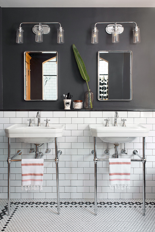 Design ideas for a transitional bathroom in Philadelphia with white tile, subway tile, grey walls, mosaic tile floors, a wall-mount sink and white floor.