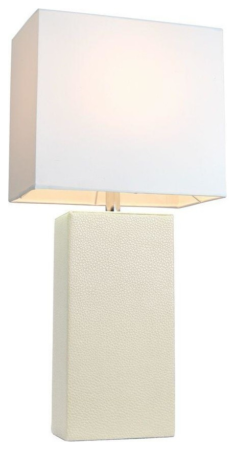 Elegant Designs Modern Leather Table Lamp With White Fabric Shade, White