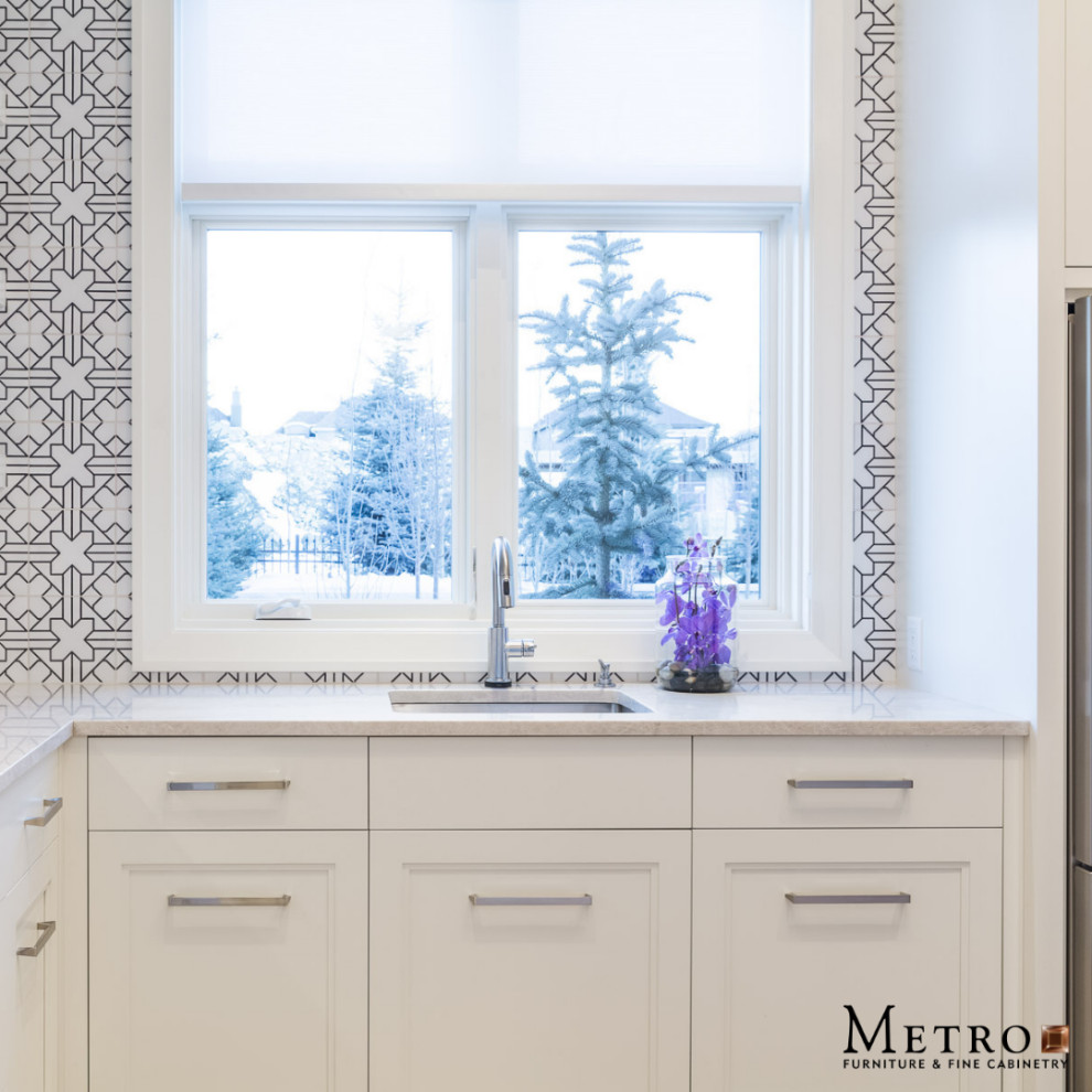 Inspiration for a transitional kitchen pantry remodel in Calgary with a single-bowl sink, recessed-panel cabinets, white cabinets, quartz countertops, multicolored backsplash and stainless steel appliances