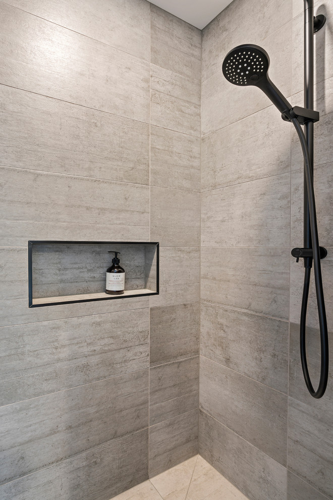 Inspiration for a mid-sized modern 3/4 wet room bathroom in Christchurch with gray tile, porcelain tile, grey walls, porcelain floors, grey floor and an open shower.