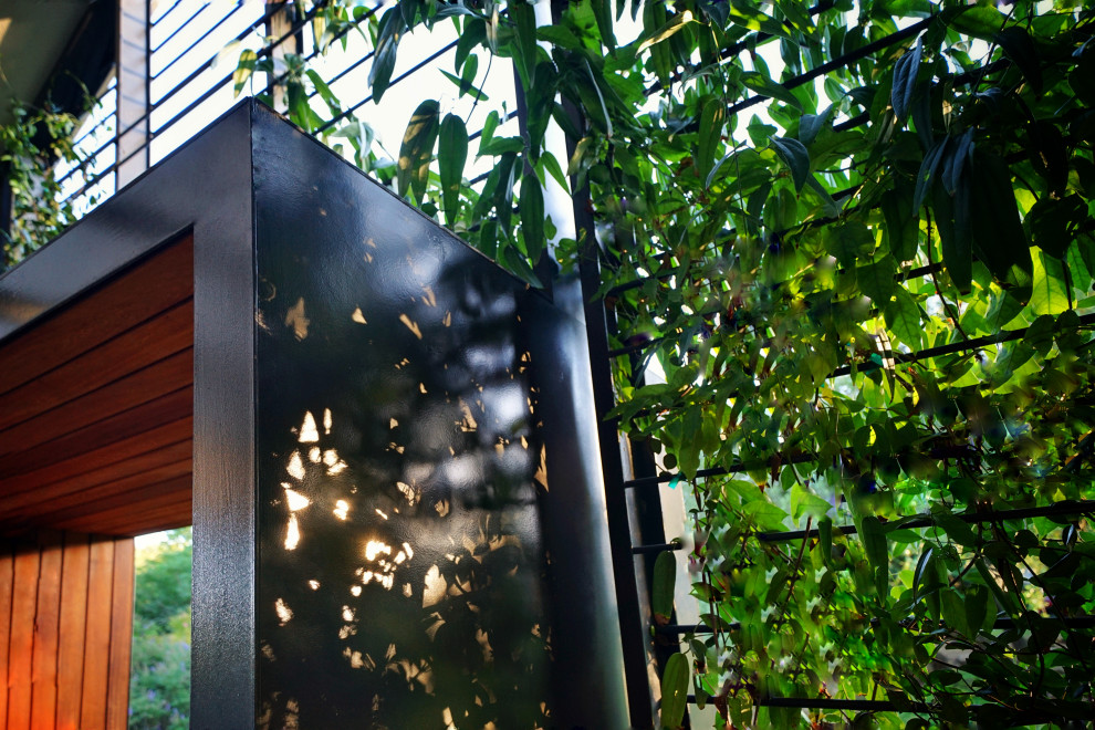 Idee per un piccolo giardino minimalista esposto a mezz'ombra davanti casa in inverno con pedane e recinzione in metallo