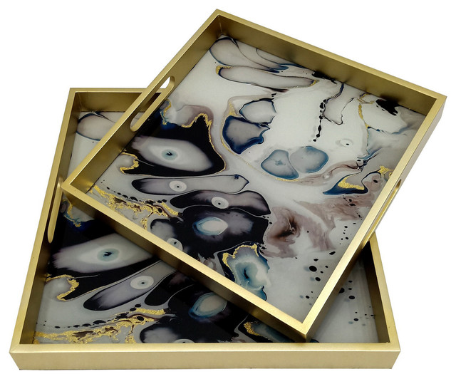 Three Hands 7.9" Glass and Wood Tray, Set Of 2 Contemporary Serving