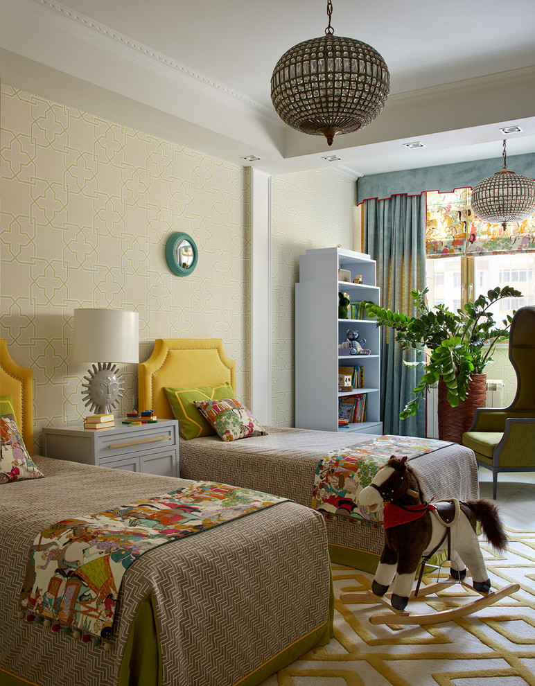 Eclectic gender-neutral kids' bedroom in Moscow with beige walls for kids 4-10 years old.