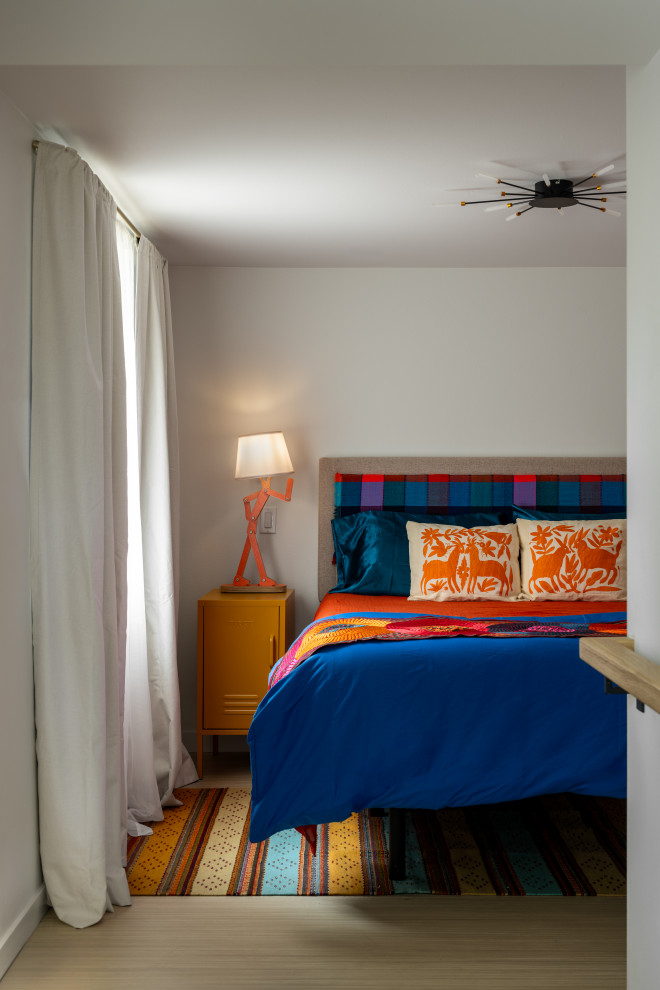 Bedroom - small eclectic master linoleum floor and beige floor bedroom idea in Seattle with white walls