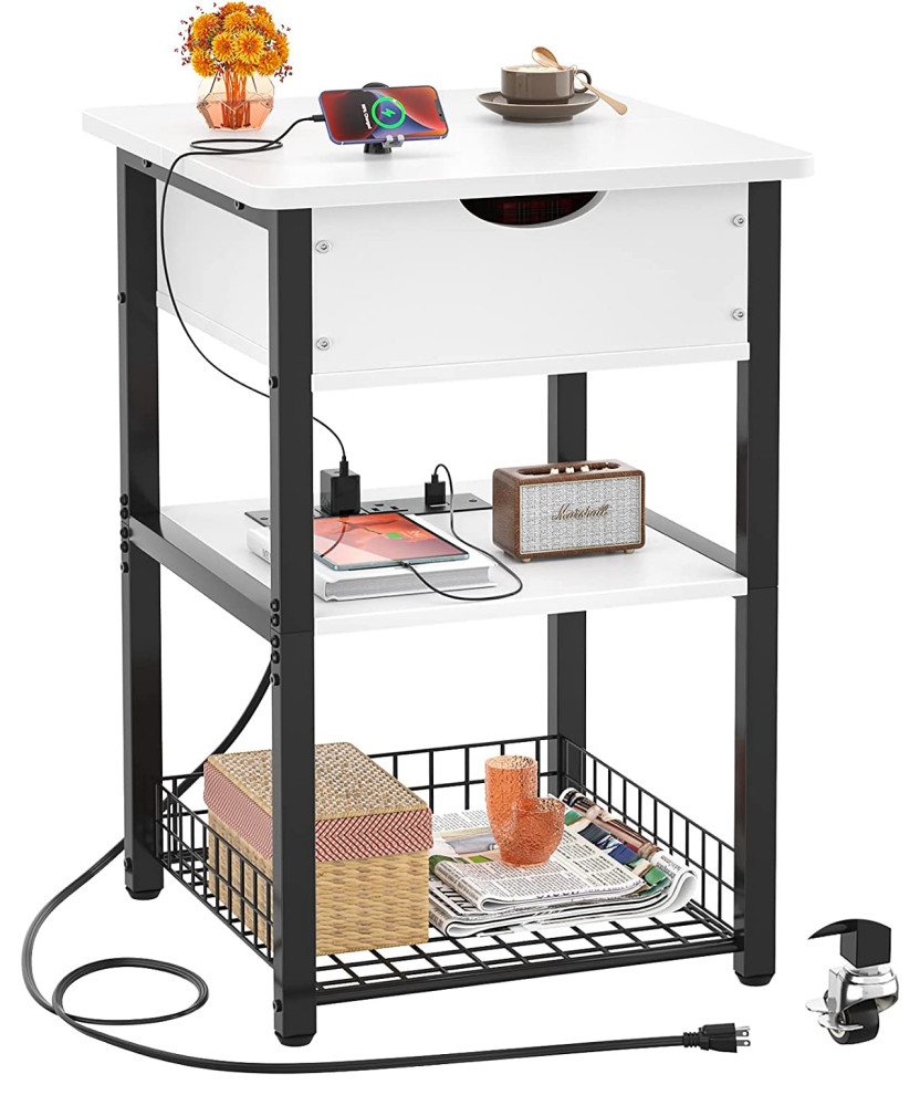 Modern End Table with Charging Station and Flip Top Storage Shelves