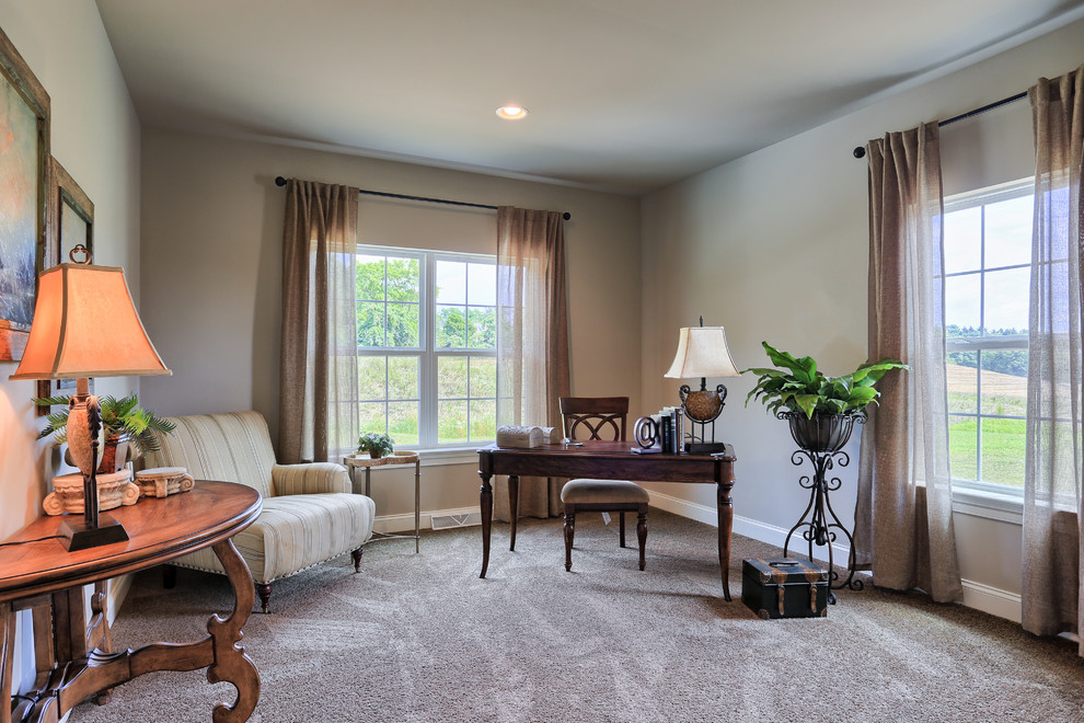 Study room - mid-sized transitional freestanding desk carpeted study room idea with gray walls