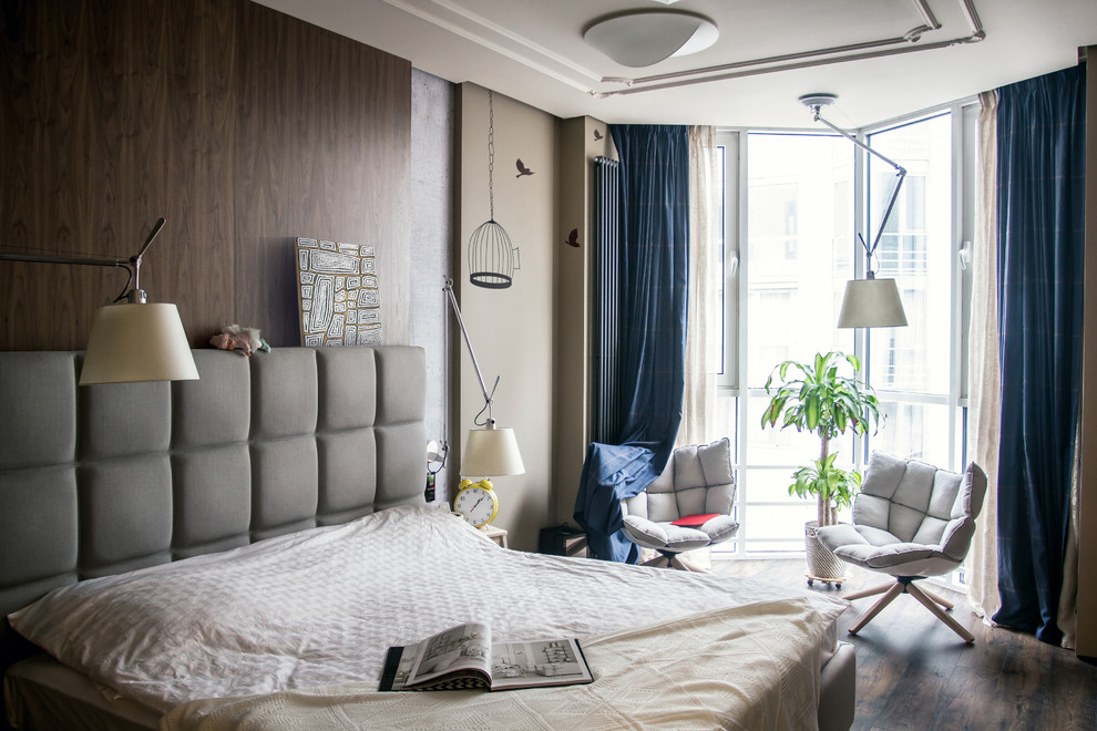 Contemporary master bedroom in Saint Petersburg with brown walls and dark hardwood floors.