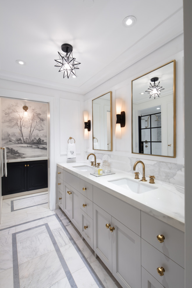 Mid-sized transitional master bathroom in New York with shaker cabinets, grey cabinets, a double shower, a wall-mount toilet, stone slab, white walls, marble floors, an undermount sink, engineered quartz benchtops, white floor, a hinged shower door and white benchtops.