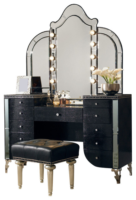 Aico Michael Amini Hollywood Swank Upholstered Vanity Set Black Iguana